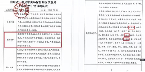 2018年11月1日，中央第三生態(tài)環(huán)境保護(hù)督察組進(jìn)駐山東省開展“回頭看”。通過對相關(guān)部門走訪問詢，并抽查有關(guān)企業(yè)，發(fā)現(xiàn)山東省物流運輸企業(yè)違規(guī)使用普通柴油或其他高硫分燃油問題依然十分突出，柴油貨車尾氣污染嚴(yán)重。  一、基本情況  《大氣污染防治法》明確，禁止向汽車和摩托車銷售普通柴油以及其他非機(jī)動車用燃料。第一輪中央環(huán)保督察反饋指出，山東省以普通柴油替代車用柴油的情況較多，濱州等地市大量物流運輸企業(yè)違規(guī)使用普通柴油，尾氣污染問題突出。  為此，山東省整改方案要求，杜絕違規(guī)使用普通柴油的情況，并明確由原省工商局負(fù)責(zé)部署推進(jìn)相應(yīng)整改工作。原省工商局于2018年8月1日上報山東省環(huán)境保護(hù)督察反饋意見整改工作領(lǐng)導(dǎo)小組，聲稱該問題完成整改并銷號。  二、主要問題  督察發(fā)現(xiàn)，原山東省工商局作為整改責(zé)任主體沒有認(rèn)真履行整改職責(zé)，未就整改工作進(jìn)行部署推進(jìn)，整改任務(wù)目標(biāo)完全落空，全省物流運輸企業(yè)違規(guī)使用普通柴油或高硫分燃油問題依然普遍存在。  （一）違規(guī)售油無人管。督察組抽查3個地市的4家煉化公司，發(fā)現(xiàn)這些煉化公司違規(guī)大量向物流運輸企業(yè)銷售普通柴油或其他高硫分燃油，導(dǎo)致這些柴油大量替代車用柴油使用，污染嚴(yán)重。2018年，東營齊潤化工有限公司將3萬余噸硫含量近2000mg/kg的常壓柴油售給物流運輸企業(yè)和加油站，墾利石化有限公司也將3萬余噸硫含量2000-3000mg/kg的燃油售給相關(guān)物流運輸企業(yè)和加油站，硫含量最高超標(biāo)約300倍。2017年中央環(huán)保督察以來，山東匯豐石化集團(tuán)有限公司將近40萬噸普通柴油銷往多家物流運輸企業(yè)，濰坊市昌邑石化有限公司將5萬余噸國Ⅳ和國Ⅴ的普通柴油售給物流運輸企業(yè)?，F(xiàn)場抽查發(fā)現(xiàn)，物流運輸企業(yè)多數(shù)在自身停車場內(nèi)私自安裝加油裝置，將所購違規(guī)油品自用，昌邑市盛宏物流有限公司甚至違法轉(zhuǎn)售其他社會車輛。   圖1 昌邑市盛宏物流有限公司在停車場內(nèi)私設(shè)加油裝置  （二）督察整改做樣子。原省工商局作為督察整改的責(zé)任主體，接受任務(wù)時服從安排，實際整改時做做樣子。督察反饋明確指出問題主要是煉化公司違法向物流運輸企業(yè)銷售普通柴油替代車用柴油使用，導(dǎo)致汽車尾氣污染。但原省工商局等部門整改時僅部署對加油站和成品油倉儲批發(fā)企業(yè)的檢查，沒有將煉化公司到物流運輸企業(yè)的黑色鏈條作為查處對象。整改工作指東打西，真正問題沒有觸及。另外，整改方案明確的目標(biāo)是“強(qiáng)化日常監(jiān)督管理，杜絕違規(guī)使用普通柴油”；但原省工商局擅自在銷號材料中將目標(biāo)改為“針對加油站開展專項整治行動”，以此蒙混過關(guān)，虛假銷號。   圖2 原省工商局在銷號確認(rèn)表上弄虛作假  （三）執(zhí)法監(jiān)管走過場。2017年以來，山東省各市共打擊取締非法加油點近2000家，但僅對涉案物流運輸企業(yè)進(jìn)行了處罰，未能以此為線索追根溯源，對源頭煉化公司違規(guī)售油問題進(jìn)行查處，煉化企業(yè)到物流運輸企業(yè)的黑色鏈條始終未被斬斷。  一些煉化企業(yè)長期游離于監(jiān)管之外，缺乏對法律的敬畏。2018年8月，生態(tài)環(huán)境部調(diào)研發(fā)現(xiàn)中國化工集團(tuán)山東昌邑石化有限公司涉嫌違法生產(chǎn)銷售國Ⅳ普通柴油，但在進(jìn)一步調(diào)查時，企業(yè)拒絕配合，不提供相關(guān)臺賬，并臨時編造相關(guān)記錄。“回頭看”進(jìn)駐后，督察組再次現(xiàn)場檢查，要求企業(yè)提供儲運臺賬，企業(yè)依然拒絕提供，并繼續(xù)編造謊言，提供虛假材料，性質(zhì)十分惡劣。  對此，濰坊市查處不嚴(yán)不實，甚至試圖蒙混過關(guān)。在督察組兩次督導(dǎo)后，查處工作依然走過場，在未調(diào)度企業(yè)生產(chǎn)記錄和儲運臺賬等關(guān)鍵證據(jù)的情況下，即采信企業(yè)說法，甚至未調(diào)閱生產(chǎn)記錄就作出該企業(yè)2018年未生產(chǎn)銷售國Ⅳ普通柴油的結(jié)論。直到督察組再次督導(dǎo)、進(jìn)一步明確要求后才加大查處力度，發(fā)現(xiàn)該企業(yè)2018年實際以燃料油名義違規(guī)銷售國Ⅳ普通柴油4萬多噸。  三、原因分析  原山東省工商局不在整改落實中下功夫，反而在整改銷號上動腦筋，表面整改，虛假整改問題突出。  山東省有關(guān)地市不敢動真碰硬，對違法銷售不合格油品的黑色鏈條整治不力，未能對油品來源追根溯源，未對煉化企業(yè)的違法行為依法查處。